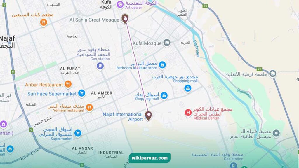 فاصله فرودگاه نجف تا مسجد سهله