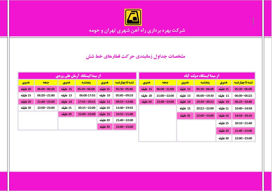 ساعت کاری خط 6 مترو تهران
