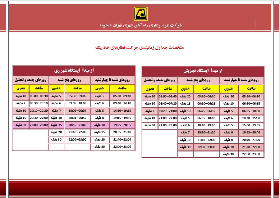 ساعت کاری خط یک مترو تهران