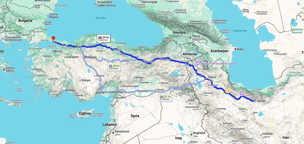 نقشه مسیر زمینی تهران و تبریز تا استانبول